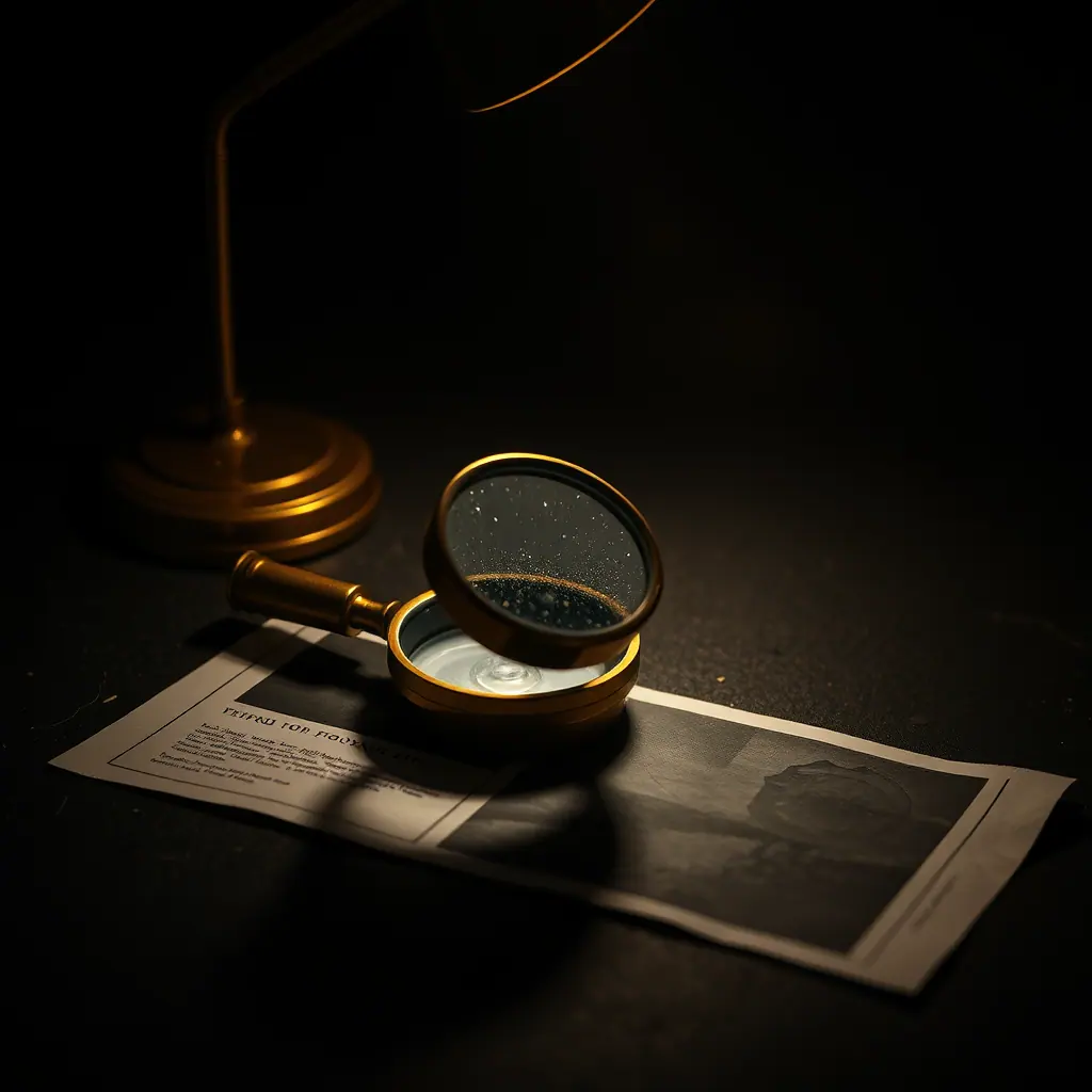 A brass loupe resting on a printed sheet under a lamp