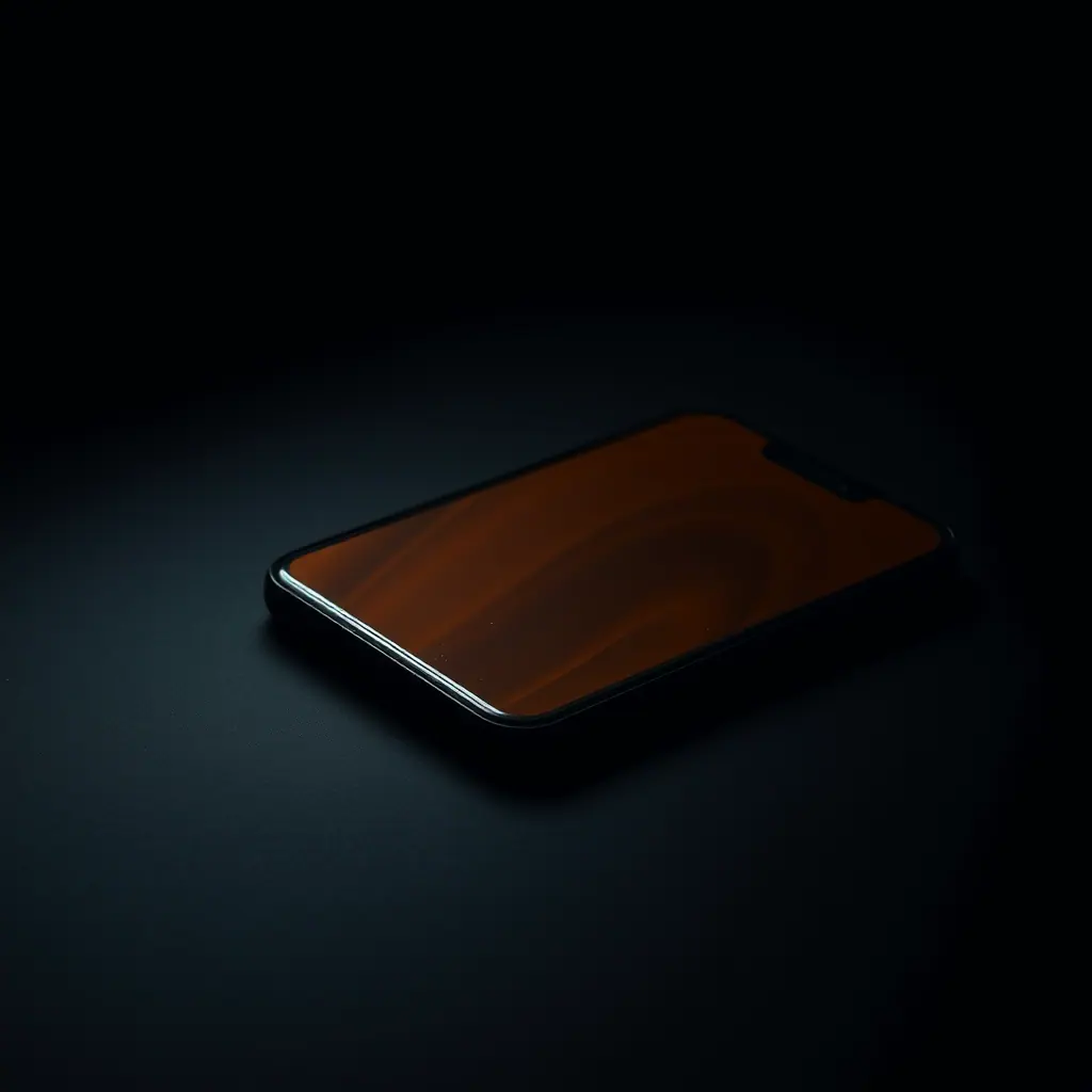 A phone lying face up in a dark room, glowing amber