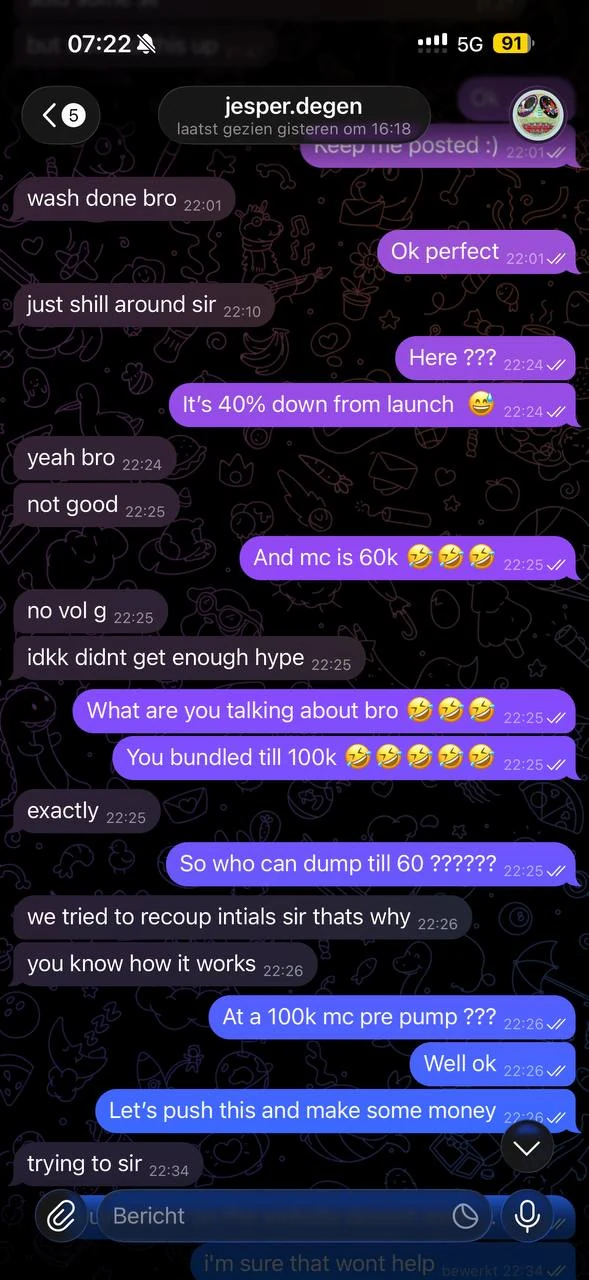 The exchange in full: "wash done bro" at 22:01 and "we tried to recoup intials sir thats why" at 22:26 on the phone clock — 21:01 and 21:26 UTC