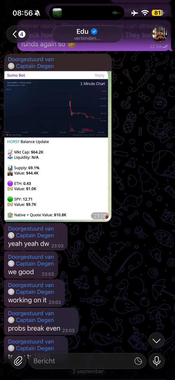 The trading desk’s own bot, forwarded to the coordinator: 69.1% of supply held, $44.4K, with "we good" and "working on it" underneath
