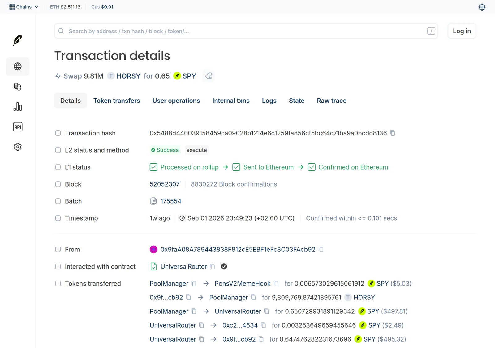 The first transaction of the wave in the public explorer, captured 12 September 2026